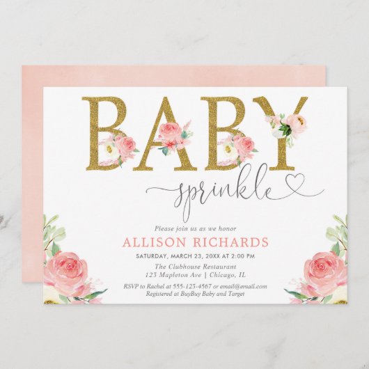 Floral Girl streuen, rot pinkfarbenes Gold elegant Einladung (Vorne/Hinten)