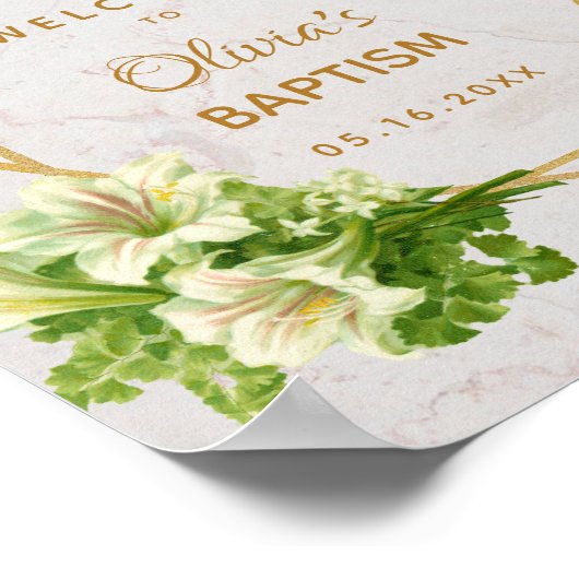 Floral Girl Taufe Gold Marmor Lilies Willkommen Poster (Ecke)