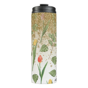 *~* Floral Girl Yellow Pink TULIPS Gold Glitzer Thermosbecher