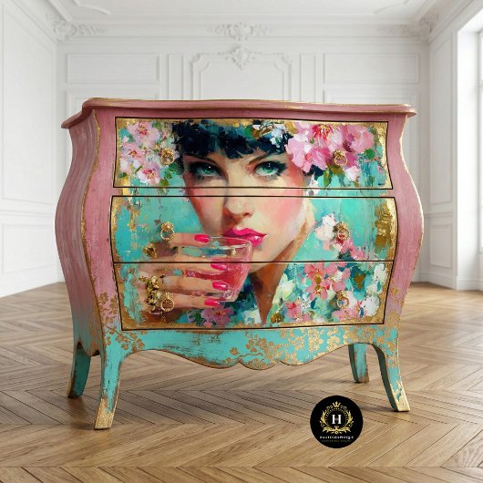 Floral Glam Frau mit rosa Drink Decoupage Seidenpapier