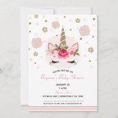 Floral Glam Gold Glitzer Unicorn Kinderdusche Einladung (Vorderseite)