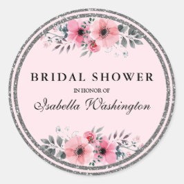 Floral Glam Silver Glitzer Border Brautparty Runder Aufkleber
