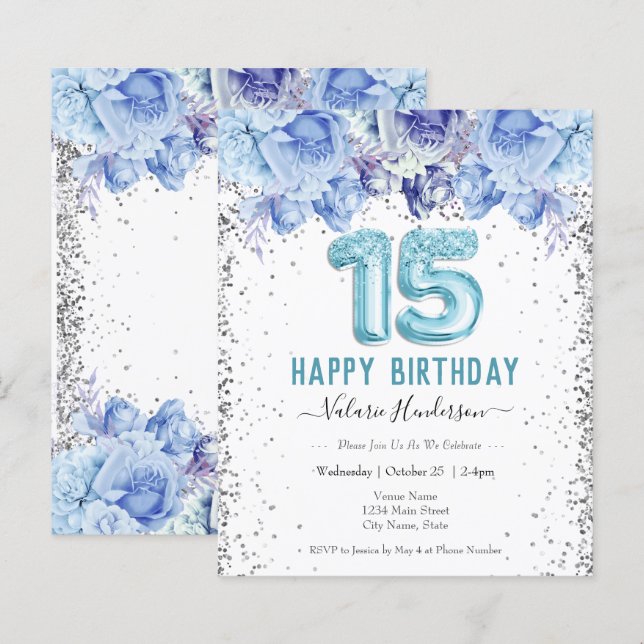 Floral Glitzer Light Blue Happy 15. Geburtstag (Vorne/Hinten)