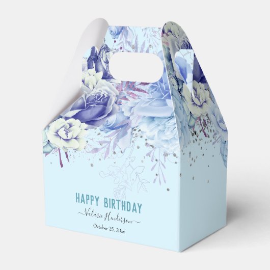 Floral Glitzer Light Blue Happy Birthday Geschenkschachtel (Vorderseite)