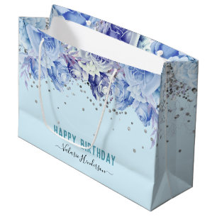 Floral Glitzer Light Blue Happy Birthday Große Geschenktüte