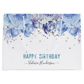 Floral Glitzer Light Blue Happy Birthday Große Geschenktüte (Vorderseite)