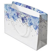 Floral Glitzer Light Blue Happy Birthday Große Geschenktüte (Rückseite Schrägansicht)