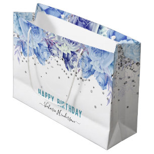 Floral Glitzer Light Blue Happy Birthday Große Geschenktüte
