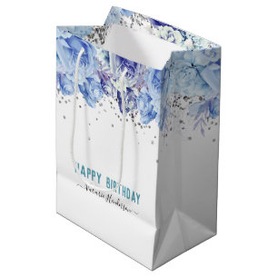 Floral Glitzer Light Blue Happy Birthday Mittlere Geschenktüte
