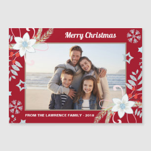 Floral Glitzer Snowflakes Rotes Weihnachtsfest Fot Magnetkarte