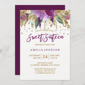 Floral Glitzer Sparkling Amethyst 16 . Geburtstag Einladung (Vorne/Hinten)