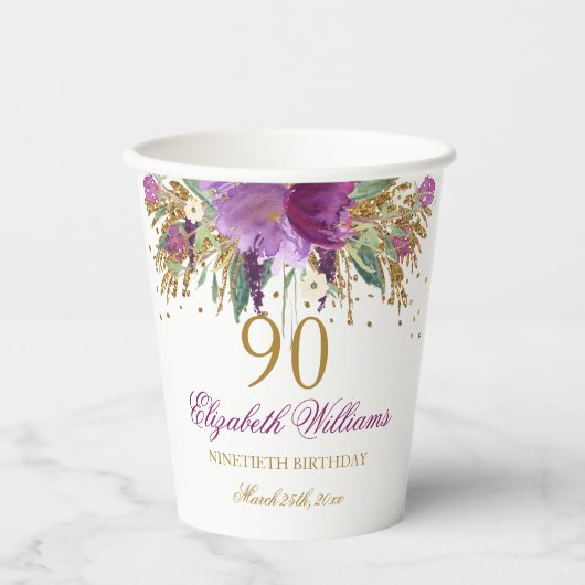 Floral Glitzer Sparkling Amethyst 90. Geburtstag Pappbecher (Vorderseite)