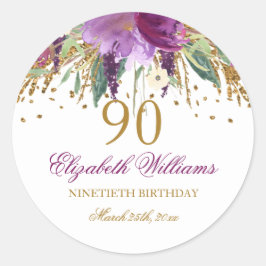 Floral Glitzer Sparkling Amethyst 90. Geburtstag Runder Aufkleber