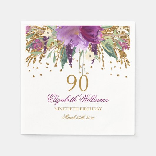 Floral Glitzer Sparkling Amethyst 90. Geburtstag Serviette (Vorderseite)