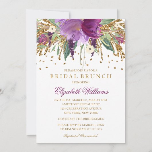Floral Glitzer Sparkling Amethyst Bridal Brunch Einladung (Vorderseite)