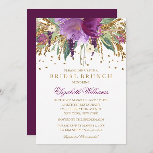 Floral Glitzer Sparkling Amethyst Bridal Brunch Einladung (Vorne/Hinten)