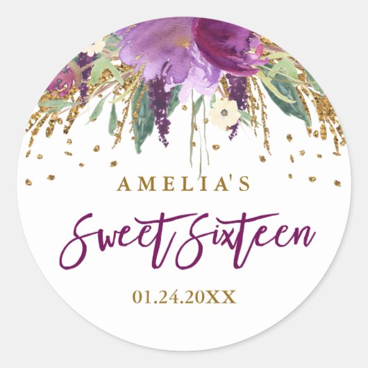 Floral Glitzer Sparkling Amethyst Sweet 16 Aufkleb Runder Aufkleber (Vorderseite)