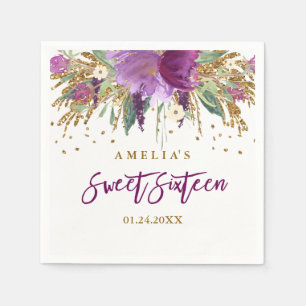 Floral Glitzer Sparkling Amethyst Sweet 16 Napkin Serviette