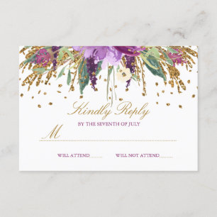 Floral Glitzer Sparkling Amethyst Wedding RSVP Karte