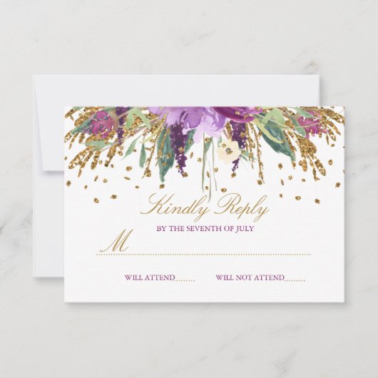 Floral Glitzer Sparkling Amethyst Wedding RSVP Karte (Vorderseite)
