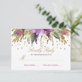 Floral Glitzer Sparkling Amethyst Wedding RSVP Karte (Stehend Vorderseite)