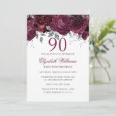 Floral Glitzer Sparkling Burgund 90. Geburtstag Einladung (Stehend Vorderseite)