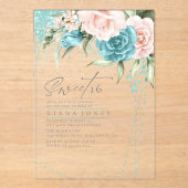 Floral Glitzern 16 . Geburtstag Aquamarin ID912 Acryleinladungen (Vorderseite)