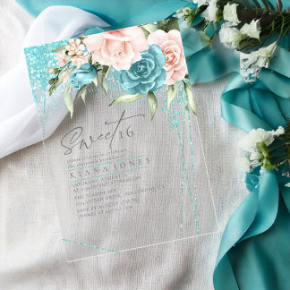 Floral Glitzern 16 . Geburtstag Aquamarin ID912 Acryleinladungen