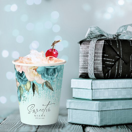 Floral Glitzern 16 . Geburtstag Aquamarin ID912 Pappbecher
