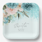 Floral Glitzern 16 . Geburtstag Aquamarin ID912 Pappteller (Vorderseite)