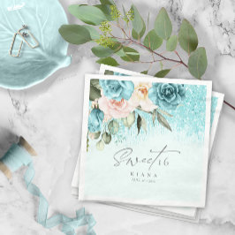 Floral Glitzern 16 . Geburtstag Aquamarin ID912 Serviette