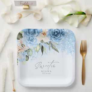 Floral Glitzern 16 . Geburtstag Blue ID912 Pappteller