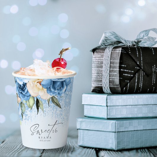 Floral Glitzern 16 . Geburtstag BlueID912 Pappbecher