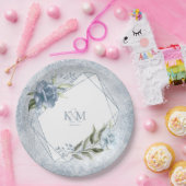 Floral Glitzern Wedding Initials Blue ID889 Pappteller (Party)