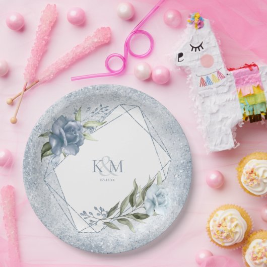 Floral Glitzern Wedding Initials Blue ID889 Pappteller (Party)