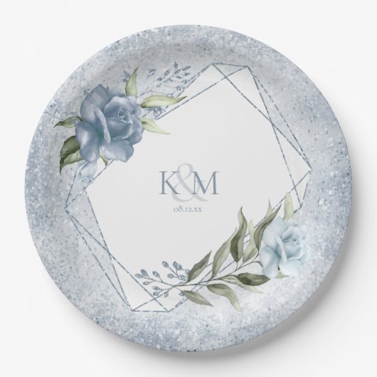 Floral Glitzern Wedding Initials Blue ID889 Pappteller (Vorderseite)