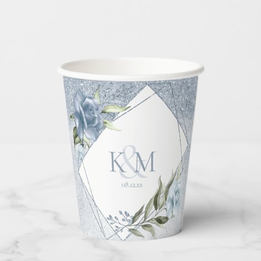 Floral Glitzern Wedding Initials Dusty Blue ID889 Pappbecher (Rückseite)