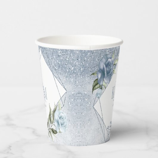Floral Glitzern Wedding Initials Dusty Blue ID889 Pappbecher (Rechts)