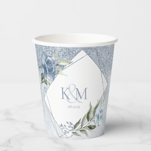 Floral Glitzern Wedding Initials Dusty Blue ID889 Pappbecher (Vorderseite)