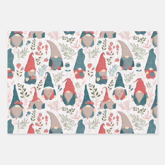 Floral Gnome 3 Pack Geschenkwrap Geschenkpapier Set (Vorderseite)