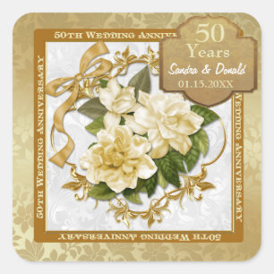 Floral Gold 50. Hochzeitstag Quadratischer Aufkleber