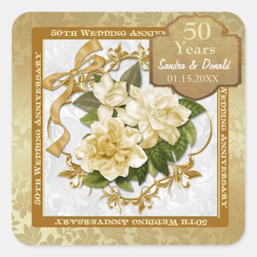 Floral Gold 50. Hochzeitstag Quadratischer Aufkleber (Vorderseite)