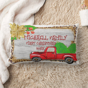 Floral Gold Accent Red First Christmas Tree Truck Lendenkissen