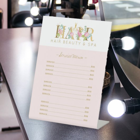 Floral gold and pink hair salon services list sockelschild