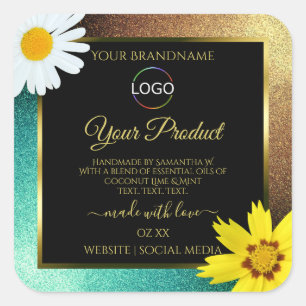 Floral Gold Aquamarin Glitzer Black Product Labels Quadratischer Aufkleber