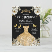 Floral Gold Bilingual Spanish Quinceanera Einladung (Stehend Vorderseite)