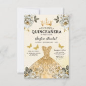 Floral Gold Bilingual Spanish Quinceanera Einladung (Vorderseite)