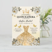 Floral Gold Bilingual Spanish Quinceanera Einladung (Stehend Vorderseite)
