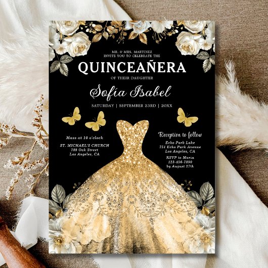 Floral Gold Bilingual Spanish Quinceanera Einladung