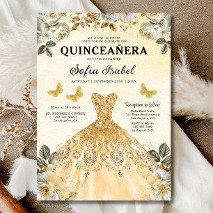 Floral Gold Bilingual Spanish Quinceanera Einladung